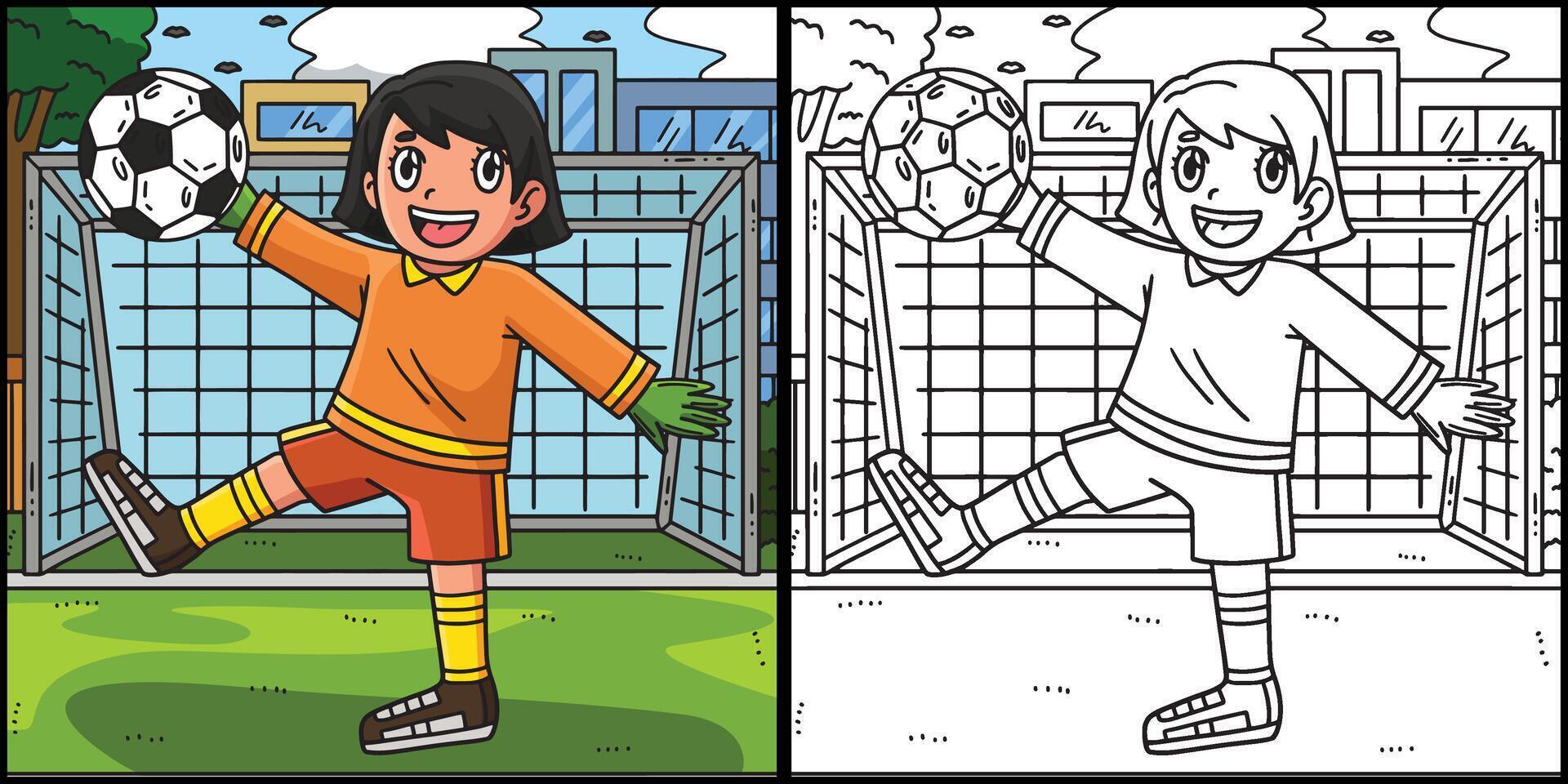calcio ragazza obbiettivo custode colorazione pagina illustrazione vettore
