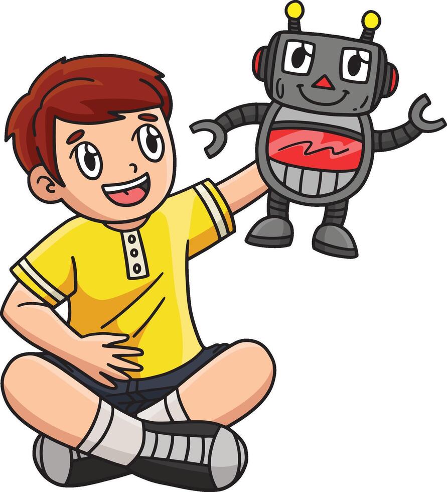 ragazzo giocando robot giocattolo cartone animato colorato clipart vettore