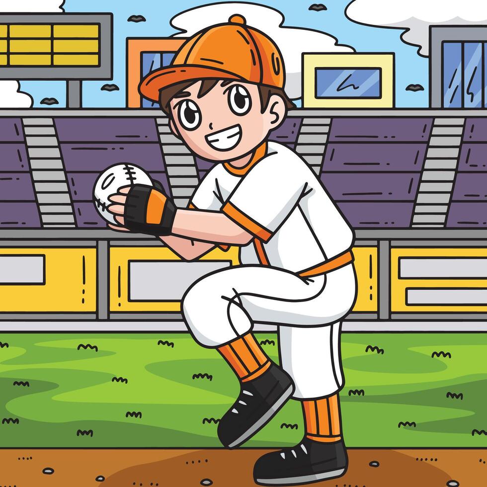 ragazzo lancio baseball colorato cartone animato illustrazione vettore