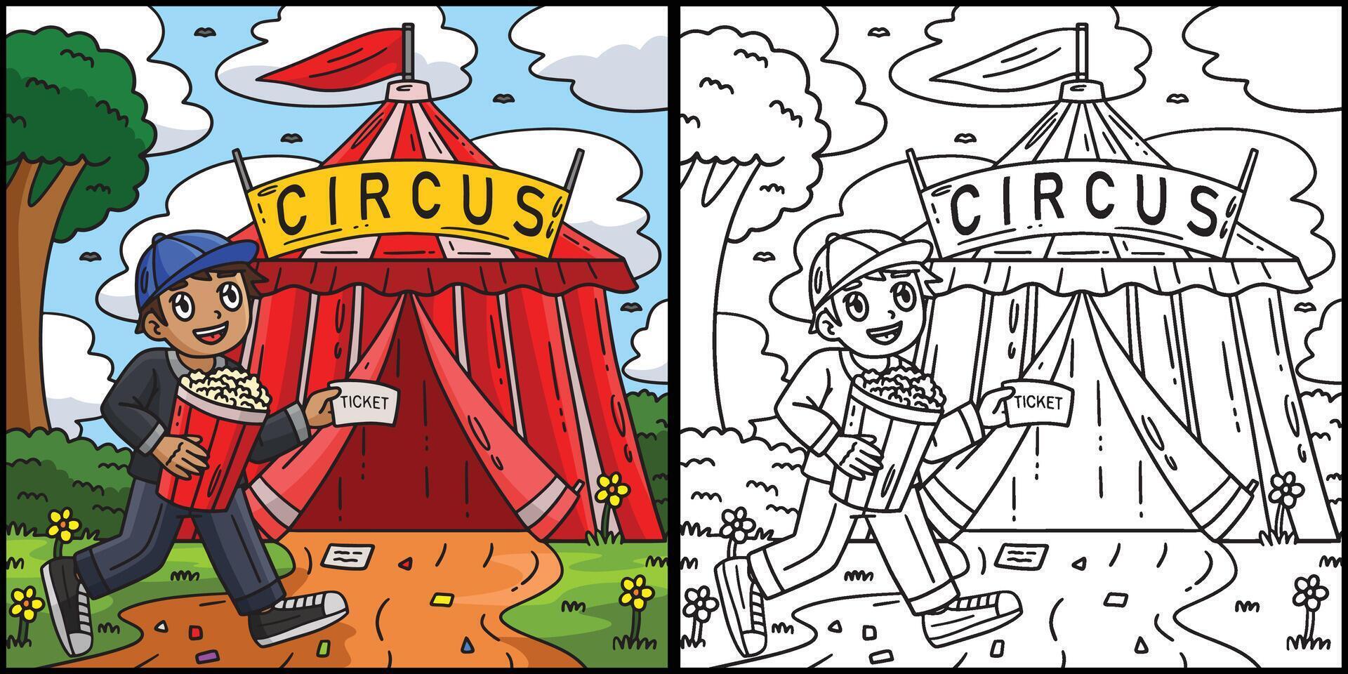 bambino nel davanti di un' circo tenda illustrazione vettore