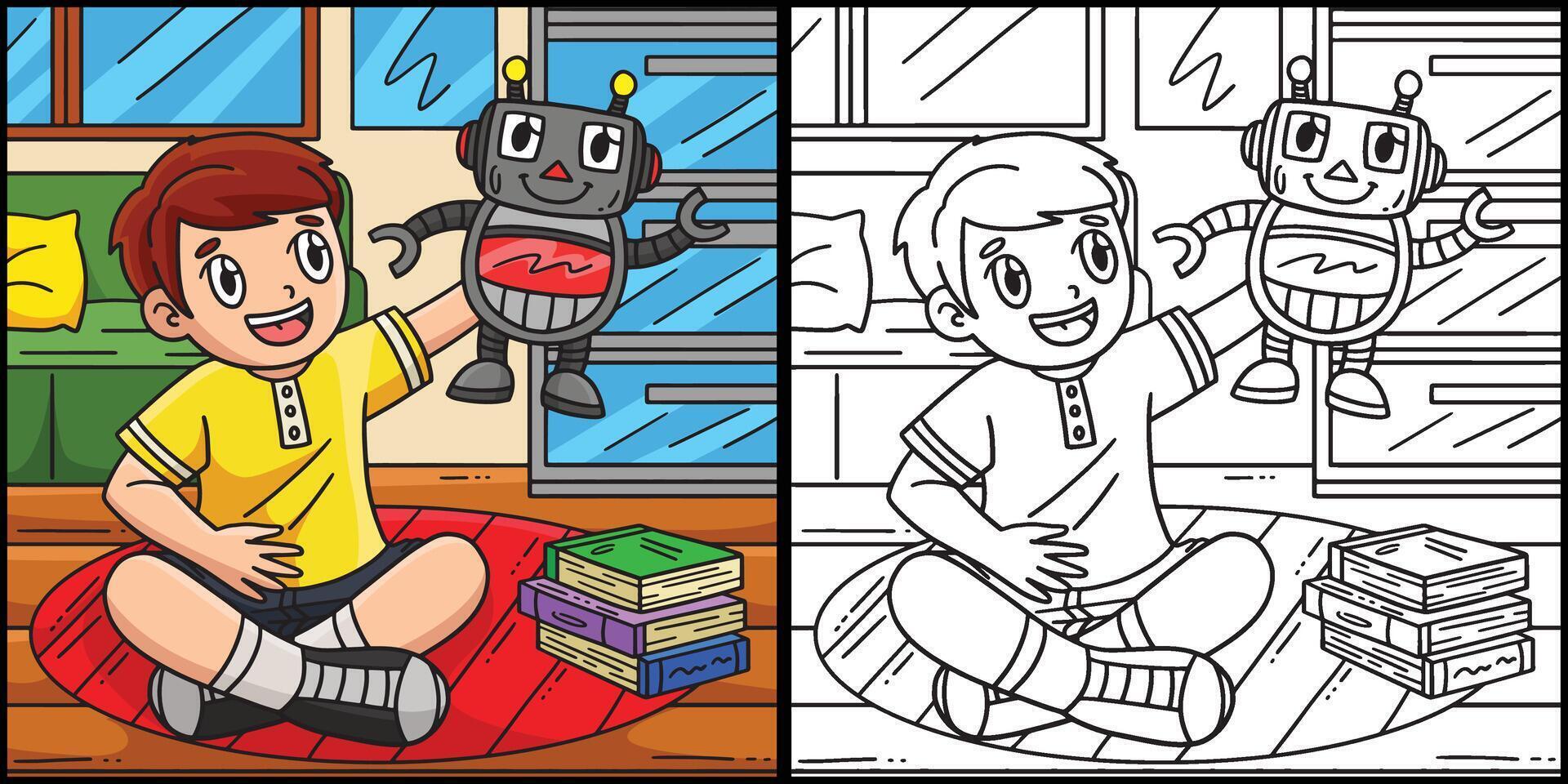 ragazzo giocando robot giocattolo colorazione pagina illustrazione vettore
