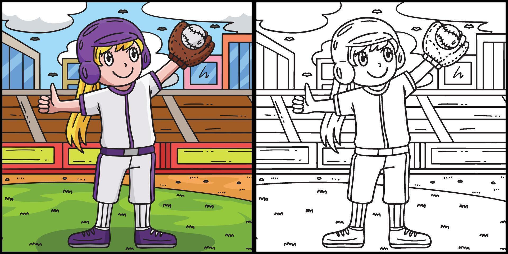 baseball ragazza brocca agitando colorazione illustrazione vettore