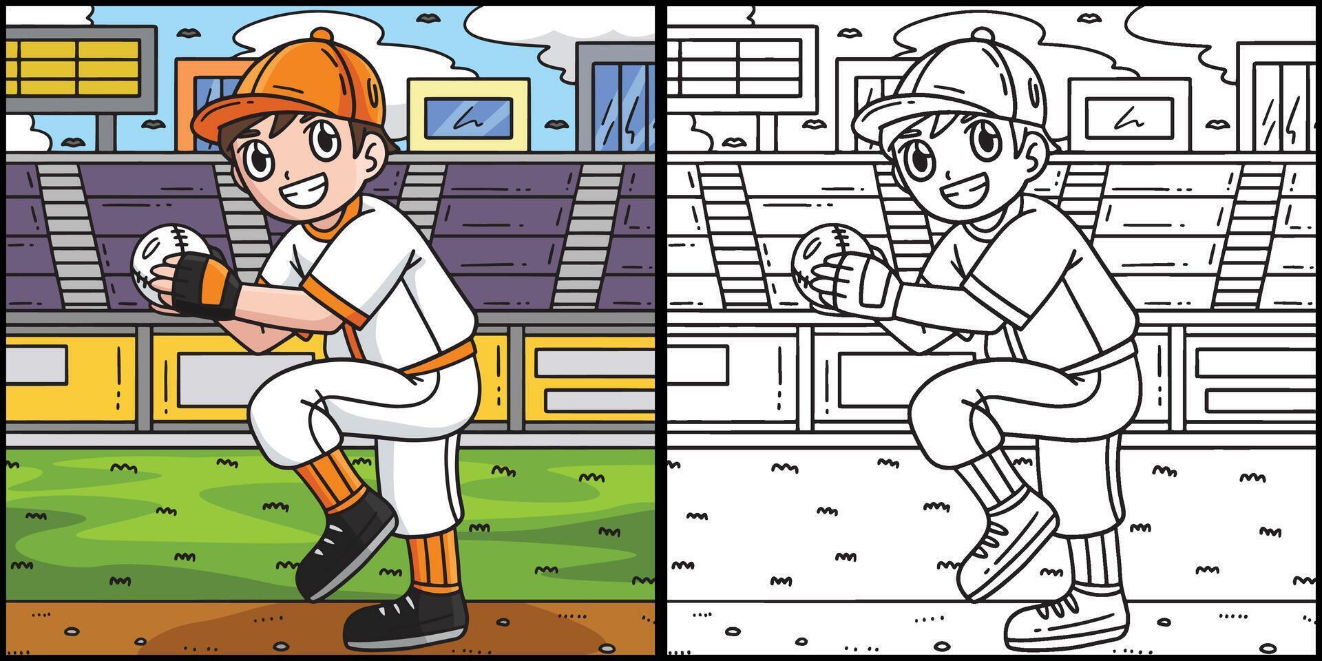 ragazzo lancio baseball colorazione pagina illustrazione vettore