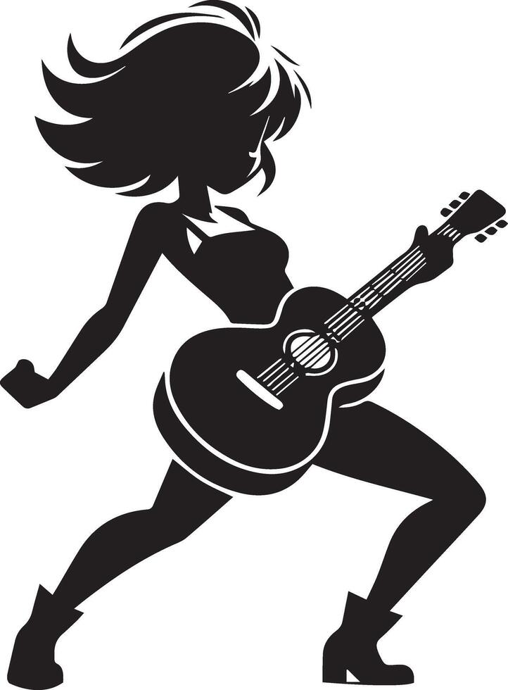 minimo comico ragazza danza con chitarra divertente piatto personaggio silhouette, nero colore silhouette 3 vettore