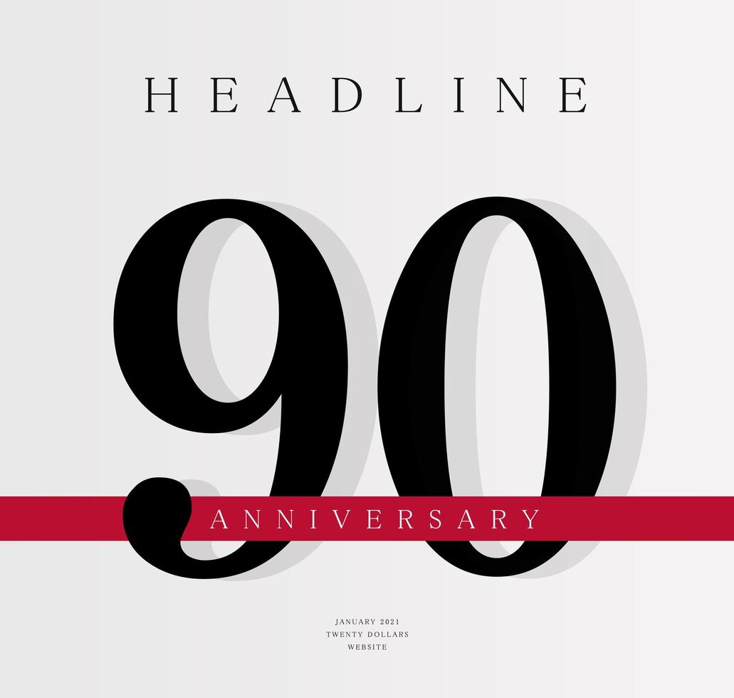 Modello di banner per il 90° anniversario, modello di copertina del diario, uscita per il novantesimo anniversario, poster di compleanno aziendale, illustrazione vettoriale