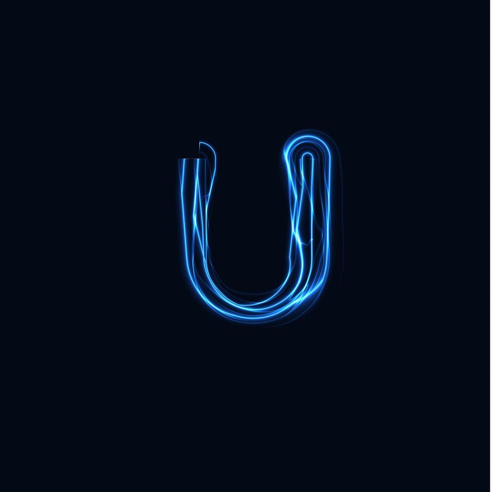 fulmine lettera realistica u, logo di guanti luminosi, simbolo di stile bagliore di energia elettrica, segno di tipo plasma tesla blu. illustrazione vettoriale di fulmine, design tipografico