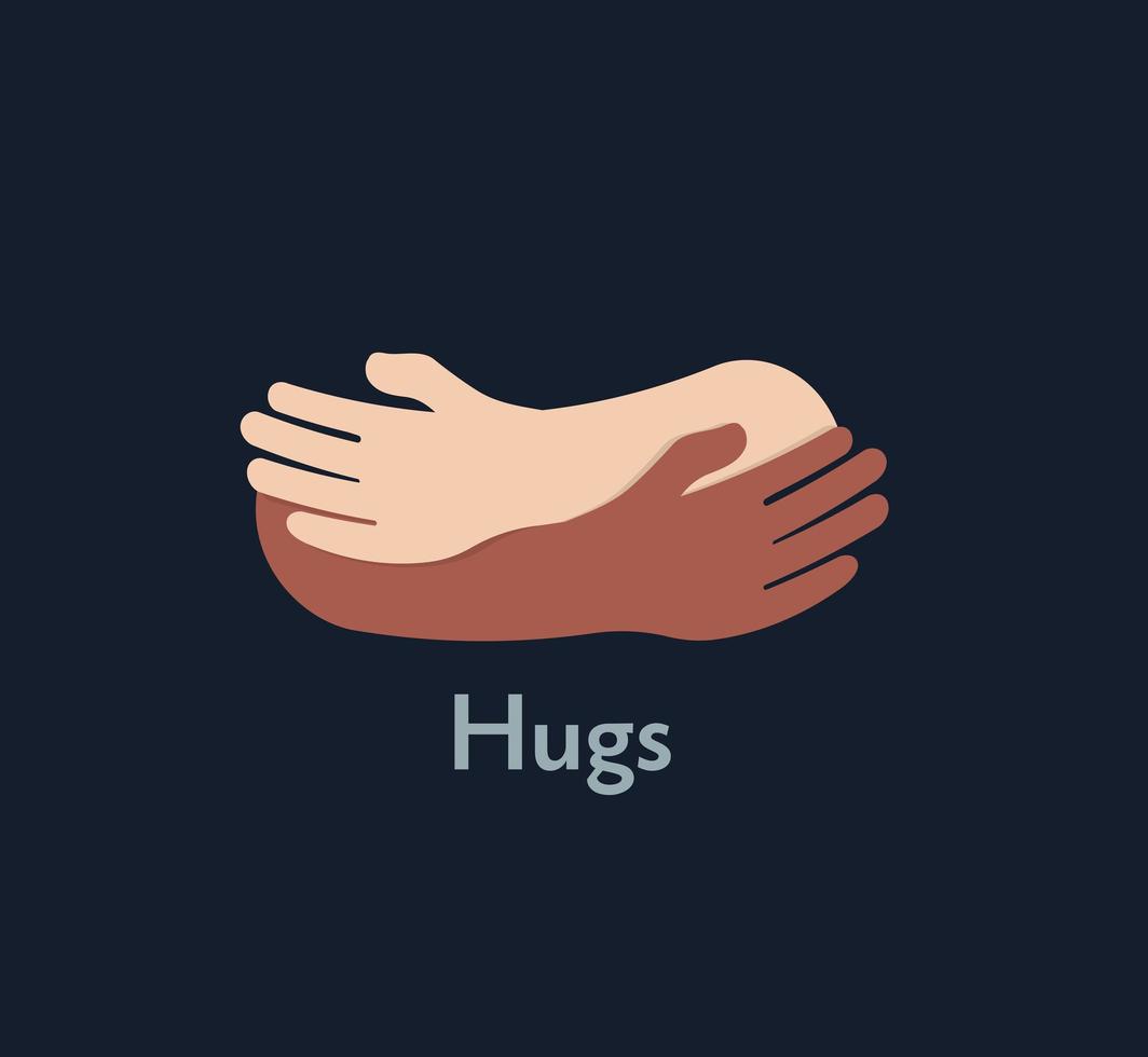 abbracci umani che abbracciano le mani supporto e simbolo d'amore braccia abbracciate circonferenza silhouette unità e sensazione di calore, illustrazione vettoriale piatta, modello di logo.