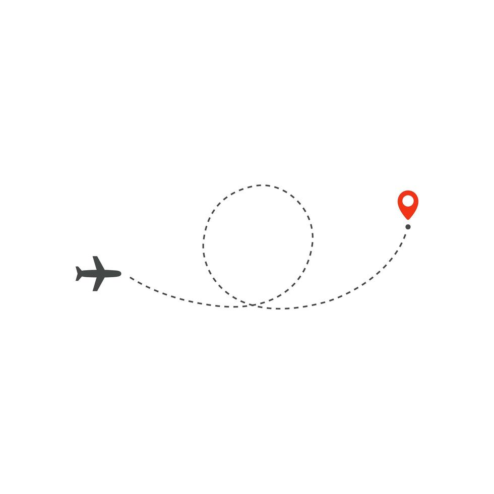icona della via dell'aereo, direzione del percorso dell'anello del cerchio dell'aeroplano e punto rosso di destinazione, modello di progettazione del logo, modello di illustrazione vettoriale di viaggio di vacanza su priorità bassa bianca.
