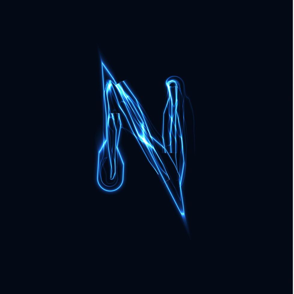 fulmine lettera realistica n, logo di guanti luminosi, simbolo di stile bagliore di energia elettrica, segno di tipo plasma tesla blu. illustrazione vettoriale di fulmine, design tipografico