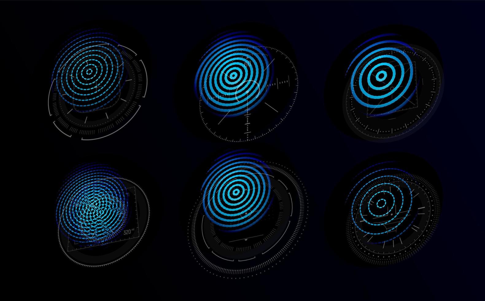 ologrammi futuristici con impronte grafiche. icone blu impostate per sistemi di identificazione personale basati su impronte digitali o retina. targhetta con logo per sistema di sicurezza digitale. illustrazione vettoriale. vettore