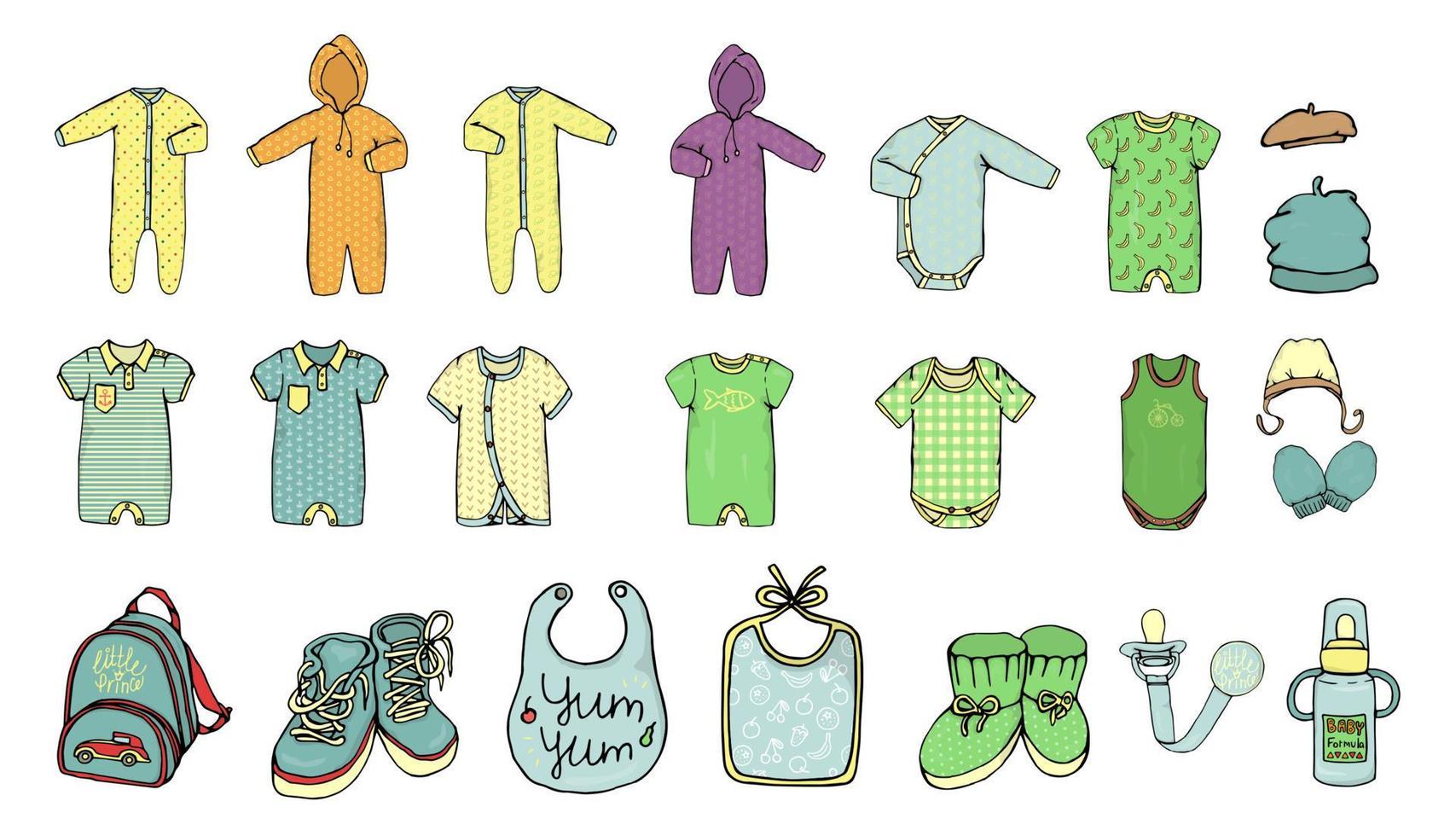 illustrazione vettoriale di vestiti per bambini. set di vestiti per neonato. set di moda per bambini. vestiti alla moda e accessori per bambini isolati su sfondo bianco
