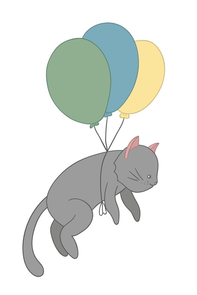 illustrazione vettoriale di un gatto che vola su palloncini colorati. ClipArt di gattino carino. foto in stile cartone animato per bambini.