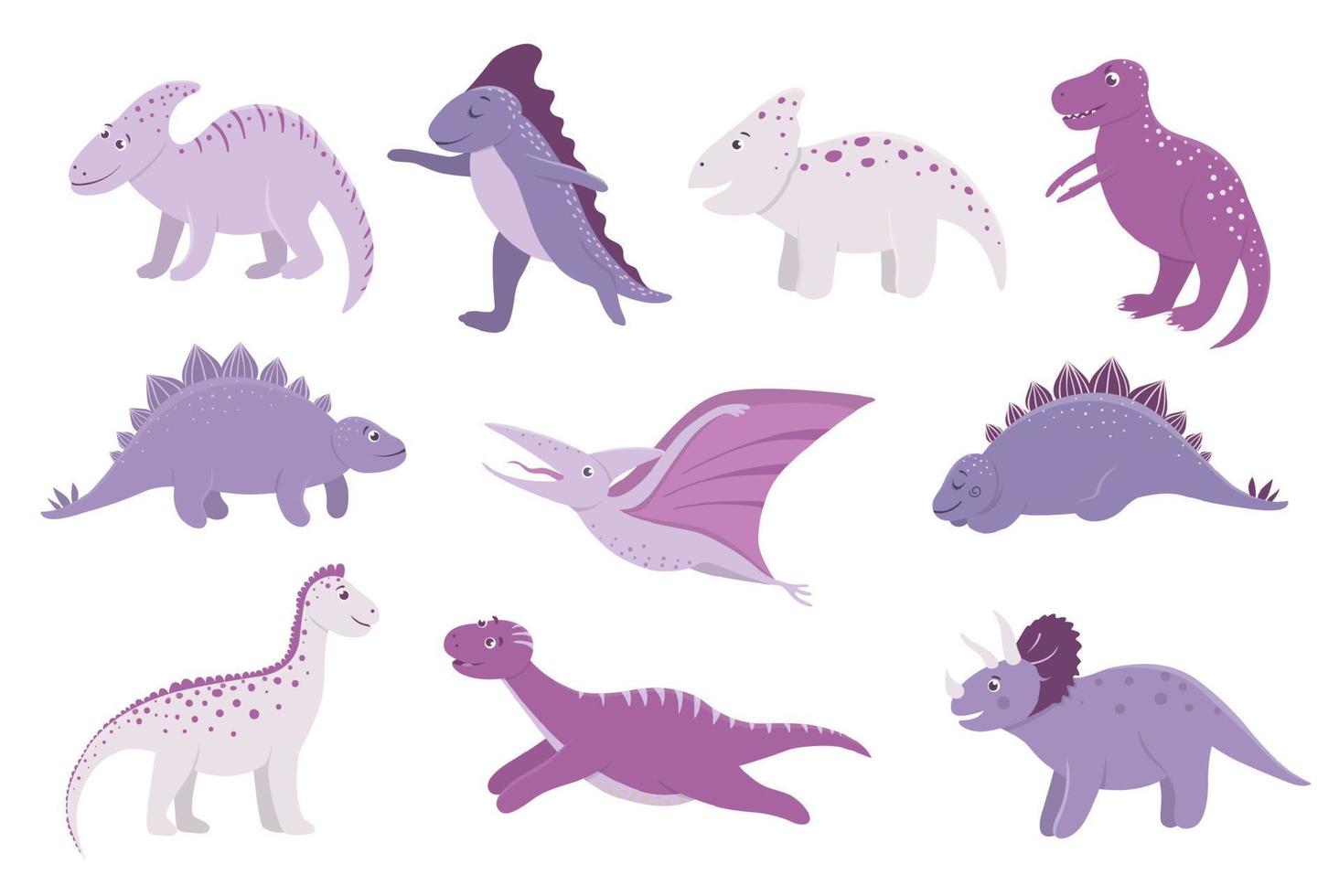 set vettoriale di simpatici dinosauri rosa e viola per bambini. dino personaggi dei cartoni animati piatti. simpatica illustrazione di rettili preistorici.