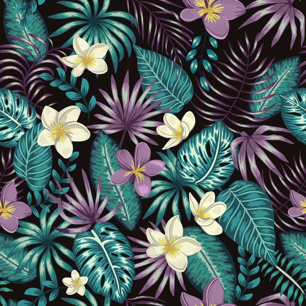 Vector il modello senza cuciture delle foglie tropicali verde smeraldo con i fiori di plumeria bianchi e viola su fondo nero. estate o primavera ripetere sfondo tropicale. giungla esotica