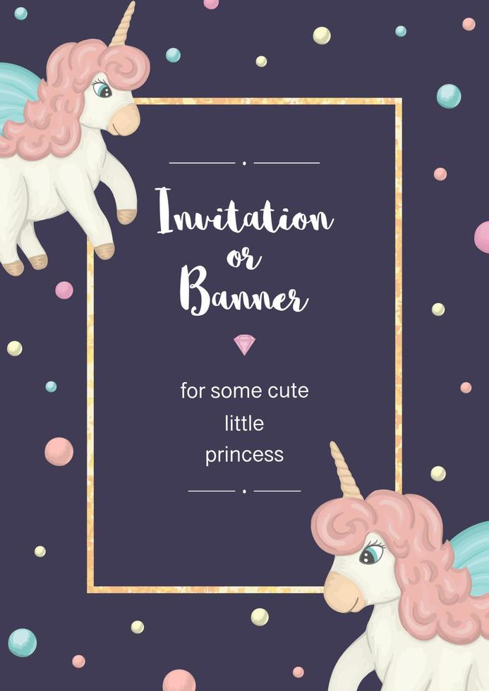 cornice verticale vettoriale con unicorni colorati. modello di carta per eventi per bambini. design carino invito o banner da ragazza.