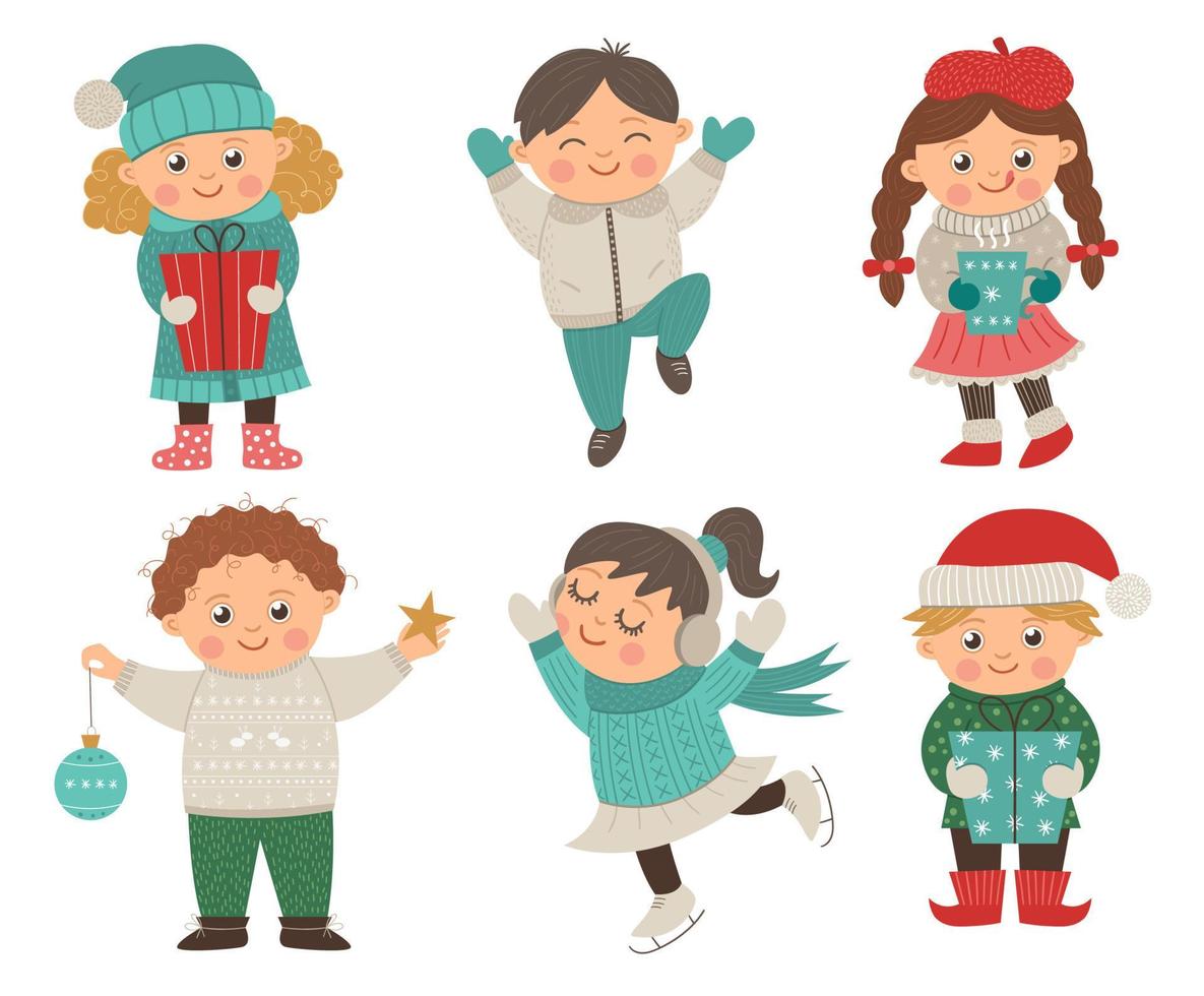 set vettoriale di bambini felici in diverse pose per il design natalizio. simpatica illustrazione per bambini invernali con regali, decorazioni, bevanda calda. ragazzo divertente che salta di gioia. pattinatrice in cuffia.