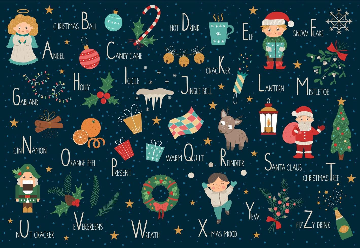 alfabeto di Natale di vettore per i bambini. carino abc piatto con simboli di capodanno. poster divertente layout orizzontale per insegnare a leggere su sfondo bianco.
