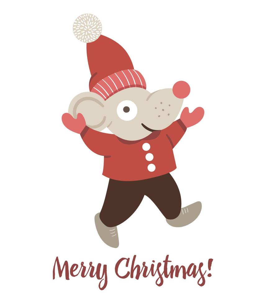 vettore mouse in cappello rosso e giacca con le mani in alto isolato su sfondo bianco. simpatica illustrazione divertente del simbolo dell'anno 2020. immagine in stile piatto di natale per decorazioni o design di capodanno.