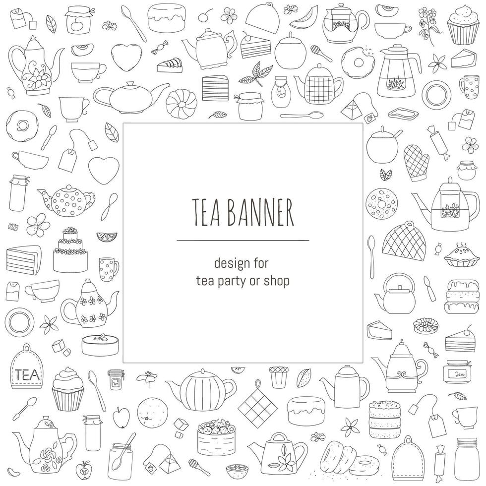 illustrazione vettoriale di teiere in bianco e nero, torte, dolci, torte. set da tè line art. concetto a tema tè. cornice con bollitori e attrezzatura da cucina