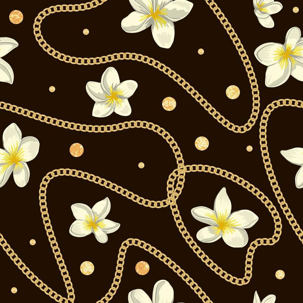 Vector il modello senza cuciture dei fiori bianchi di plumeria con i coriandoli della lamina dorata e la catena su fondo nero. ripetere lo sfondo tropicale. carta da parati alla moda giungla esotica.