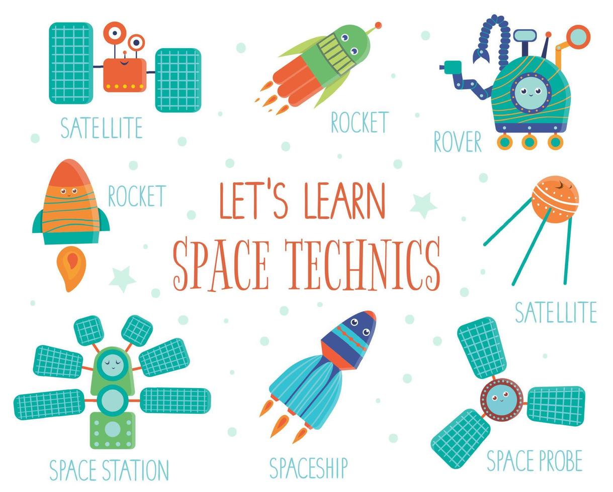 set vettoriale di tecniche spaziali per bambini. illustrazione piatta luminosa e carina di astronave, razzo, satellite, stazione spaziale, rover con nomi isolati su sfondo bianco