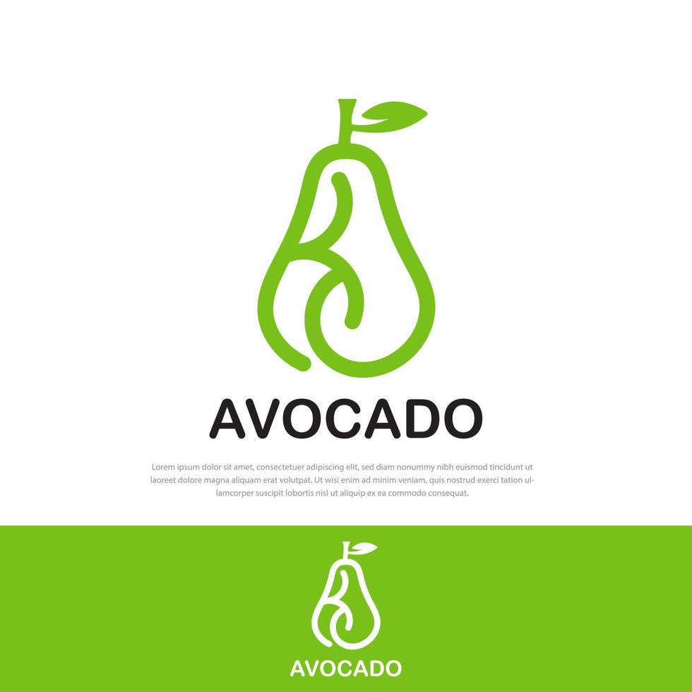 logo vettoriale design avocado, cibo vegano sano, icona in stile linea, segno di parola k