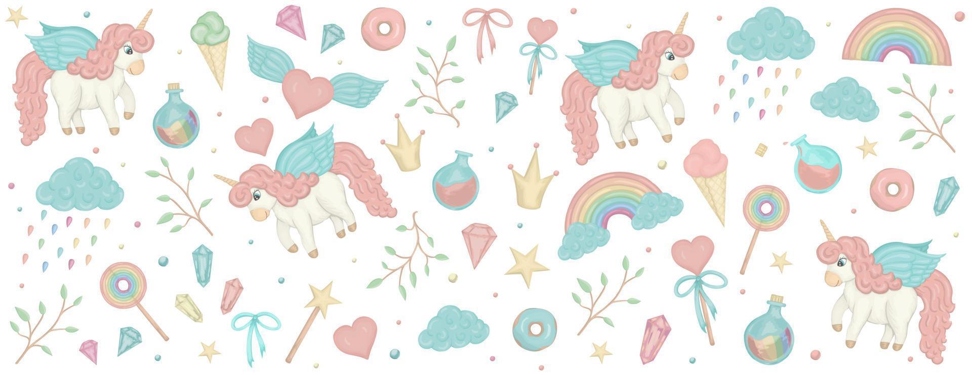 set vettoriale con clipart di unicorno. banner orizzontale con arcobaleno carino, corona, stella, nuvola, cristalli per i social media. dolce illustrazione da ragazza. elementi di design da favola effetto acquerello.