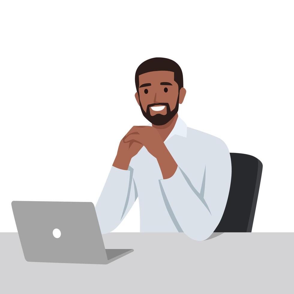 giovane nero uomo seduta a scrivania in profondità nel pensato Lavorando su il computer portatile nel ufficio. vettore