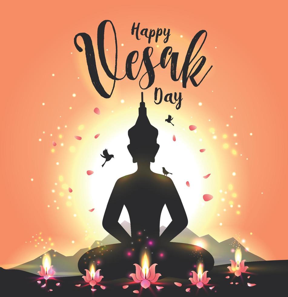 illustrazione vettoriale biglietto di auguri per il giorno Vesak con fiore di loto e silhouette di buddha.