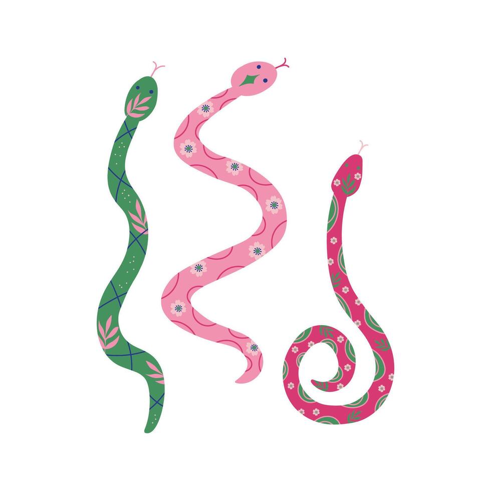 serpenti decorativo cartone animato impostato con cobra, isolato bianca sfondo. astratto carino animali con fiori, natura struttura. illustrazione nuovo 2025 simbolo personaggio per carta, manifesto, disegno, Stampa vettore