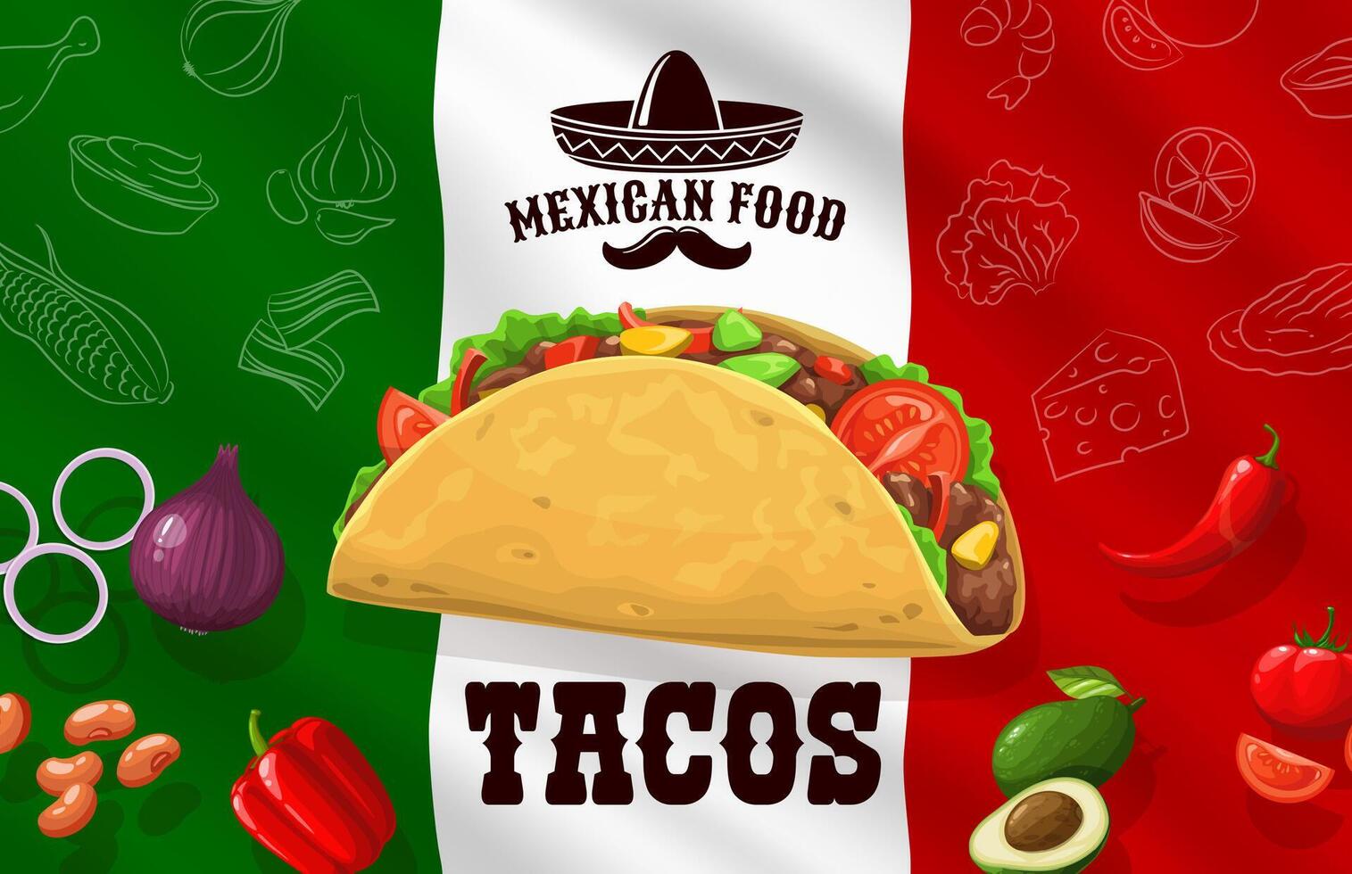 tacos giorno bandiera con messicano bandiera e ingredienti vettore