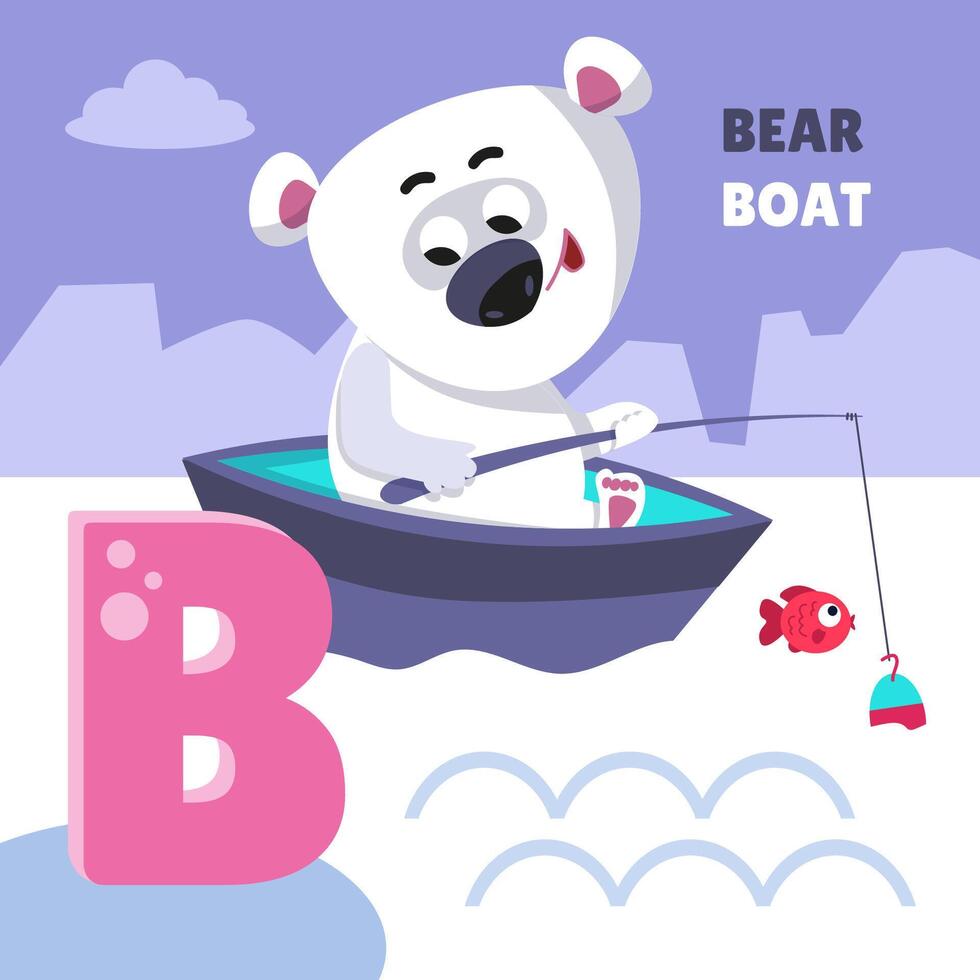 lettera b. alfabeto, carta con carino cartone animato stile personaggi. orso e barca. abc. formazione scolastica per bambini. prescolastico attività. illustrazione. vettore