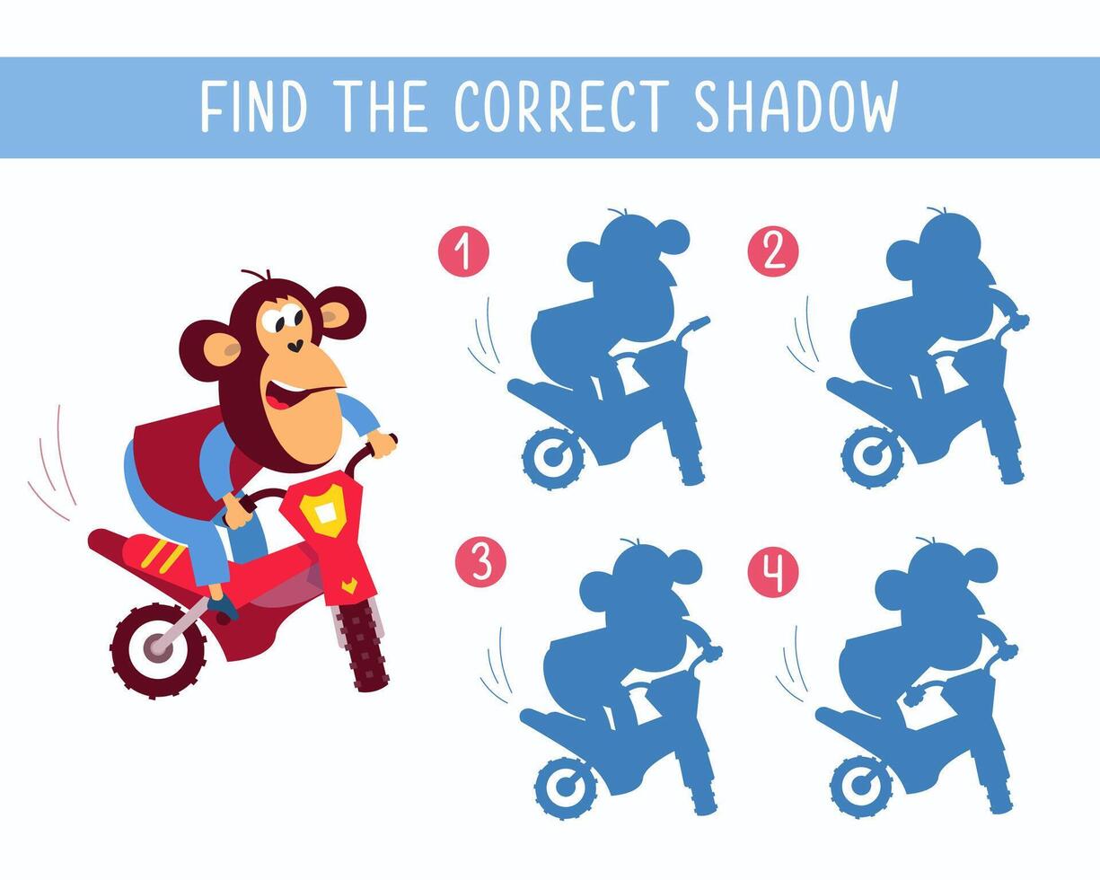 trova il giusto ombra. puzzle gioco per bambini. carino scimmia su motocicletta su bianca sfondo. trasporto e animali. illustrazione. vettore