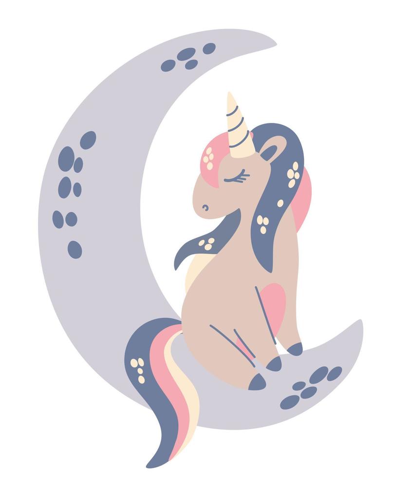 simpatico unicorno sulla luna. illustrazione per bambini con un animale fantastico. perfetto per baby shower, compleanno, festa per bambini, stampe di abbigliamento. illustrazione vettoriale di tiraggio della mano.