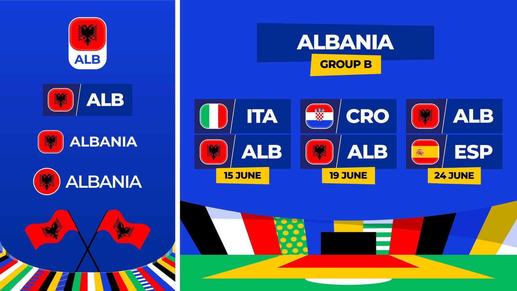 Albania calcio 2024 incontro contro impostare. nazionale squadra bandiera 2024 e gruppo palcoscenico campionato incontro contro squadre vettore