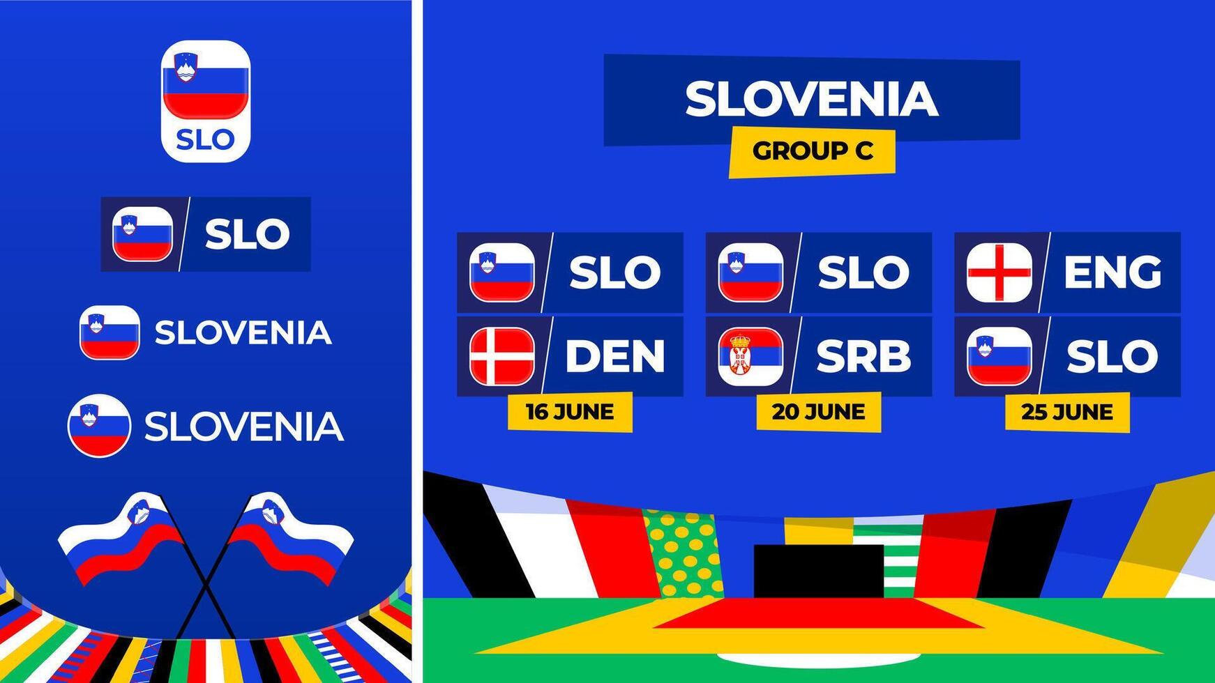 slovenia calcio 2024 incontro contro impostare. nazionale squadra bandiera 2024 e gruppo palcoscenico campionato incontro contro squadre vettore