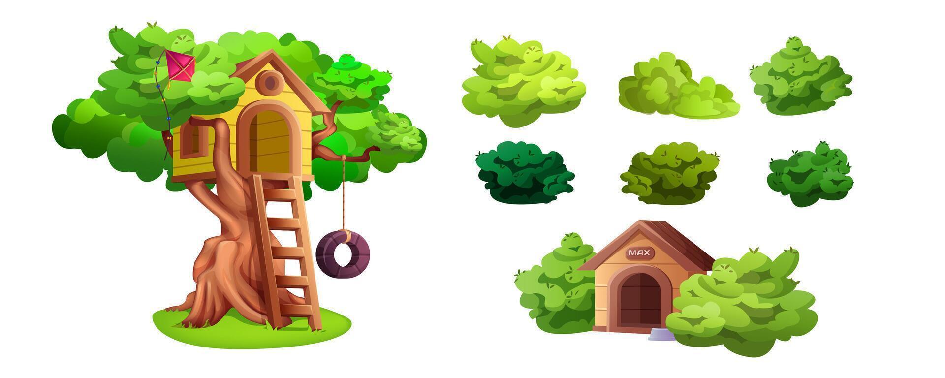 impostato di albero Casa, verde giardino cespugli e canile isolato cartone animato elementi. casa sull'albero con di legno scala a pioli, aquilone e pneumatico swing per giocando bambini. posto per Giochi e bambini attività nel estate. vettore