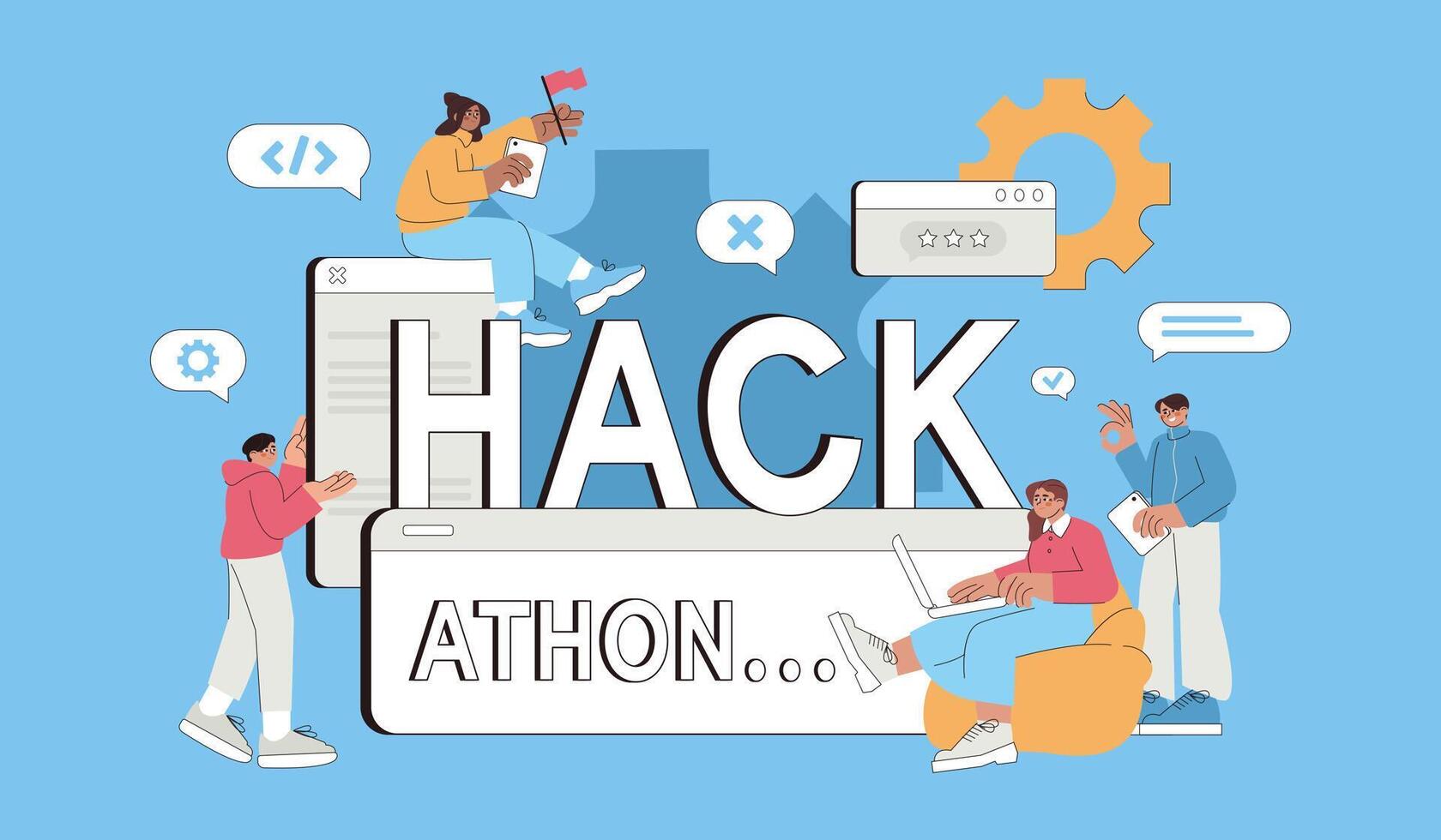 hackathon piatto illustrazione. attività commerciale persone squadra di programmatori, ragnatela sviluppatori, progetto manager e grafico progettisti opera insieme per sviluppare, creare programma. Software sviluppo concetto. vettore