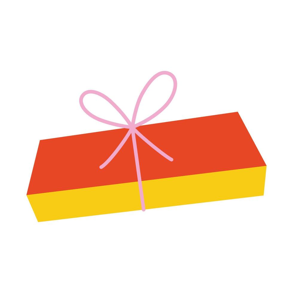 regalo scatola icona, illustrazione di compleanno presente con nastro e arco, scarabocchio per vacanza, celebrazione e anniversario, festa pacco regalo, carino cartone animato pacchetto con colorato involucro carta vettore