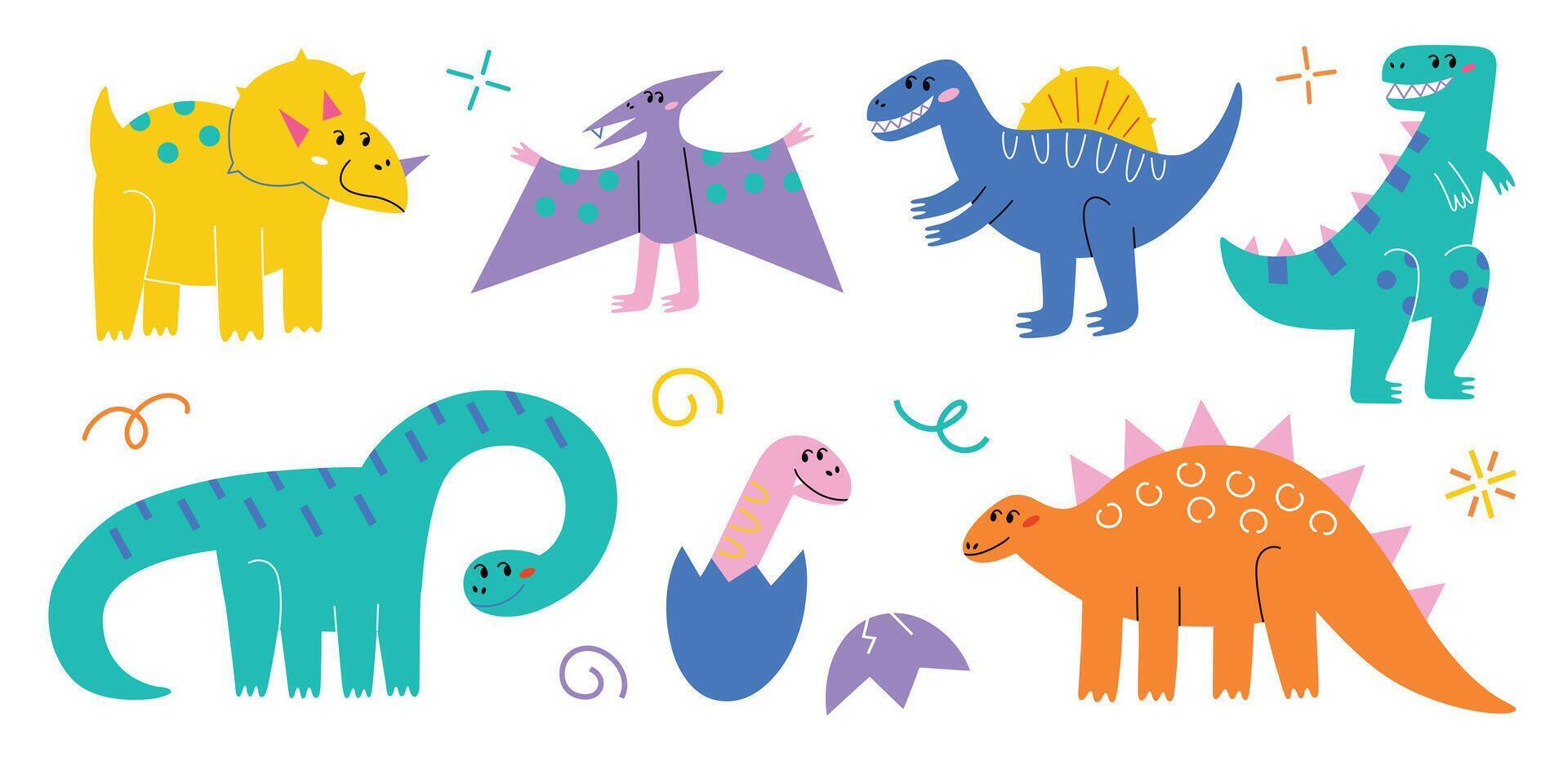 carino dinosauri collezione, colorato cartone animato mostri, illustrazioni di triceratopo, tirannosauro, diplodoco, divertente giurassico rettili impostare, selvaggio natura per bambini, sorridente dino vettore