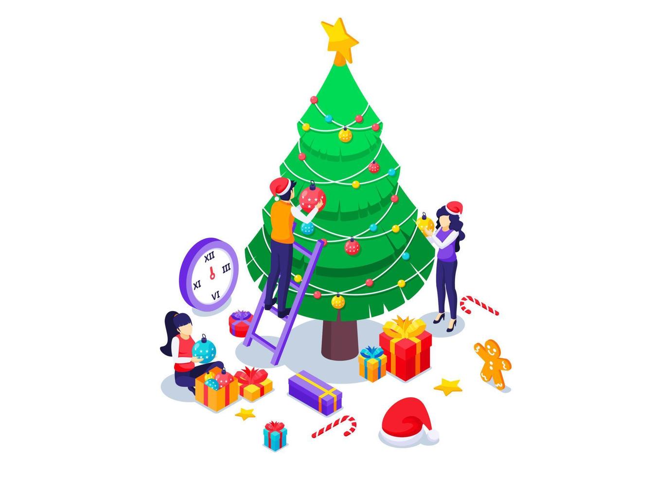 persone impegnate a decorare un albero di natale con scatole regalo per prepararsi a festeggiare capodanno e buon natale. illustrazione vettoriale isometrica