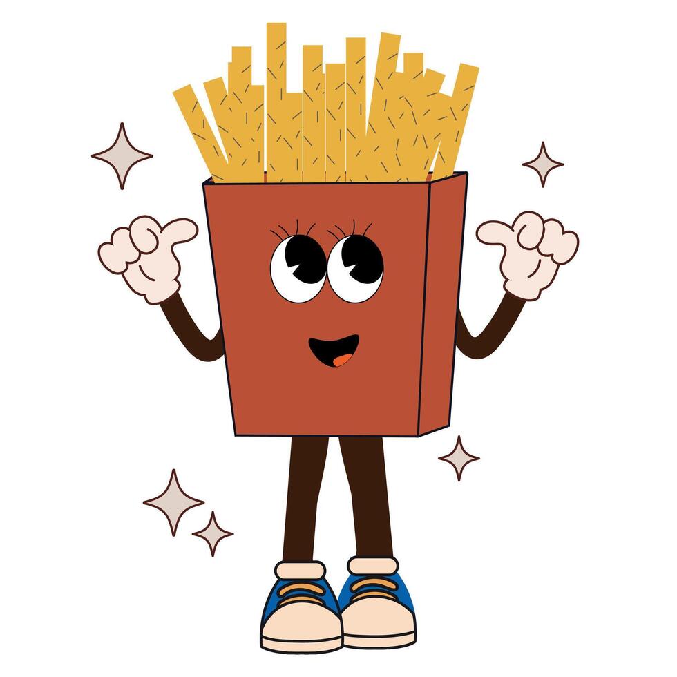 divertente cartone animato personaggio francese patatine fritte nel Groovy stile. carino retrò portafortuna a partire dal infanzia. Vintage ▾ veloce cibo illustrazione. concetto per il anni '60, anni '70, anni 80. vettore