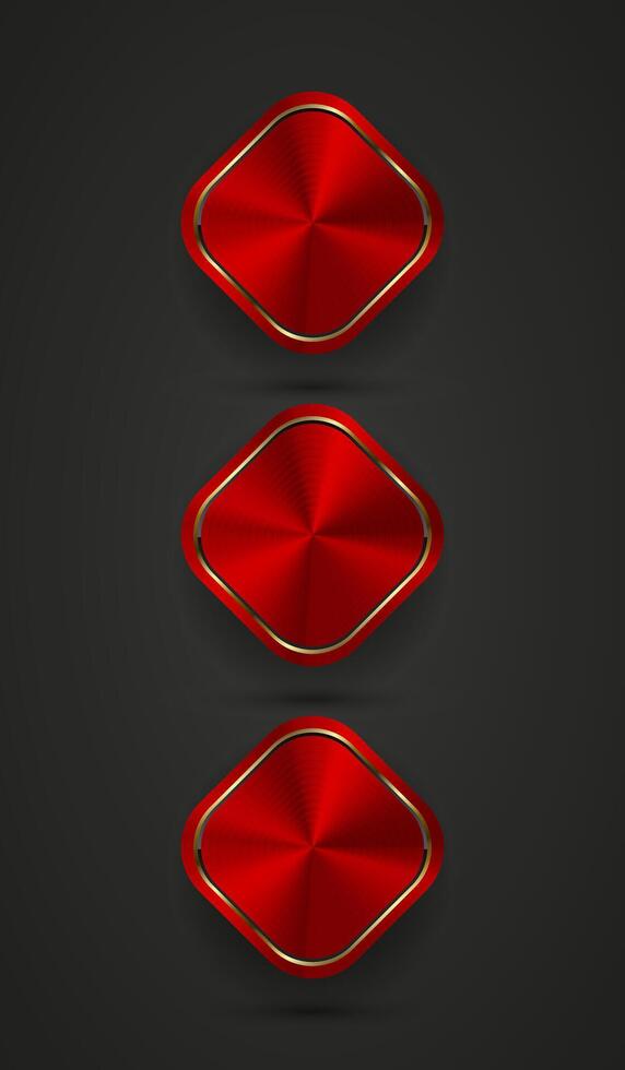 tre di rosso astratto rettangolo pulsanti modello con metallo struttura cromo, acciaio, d'argento, rame, 3 realistico metrale pulsanti su buio sfondo vettore