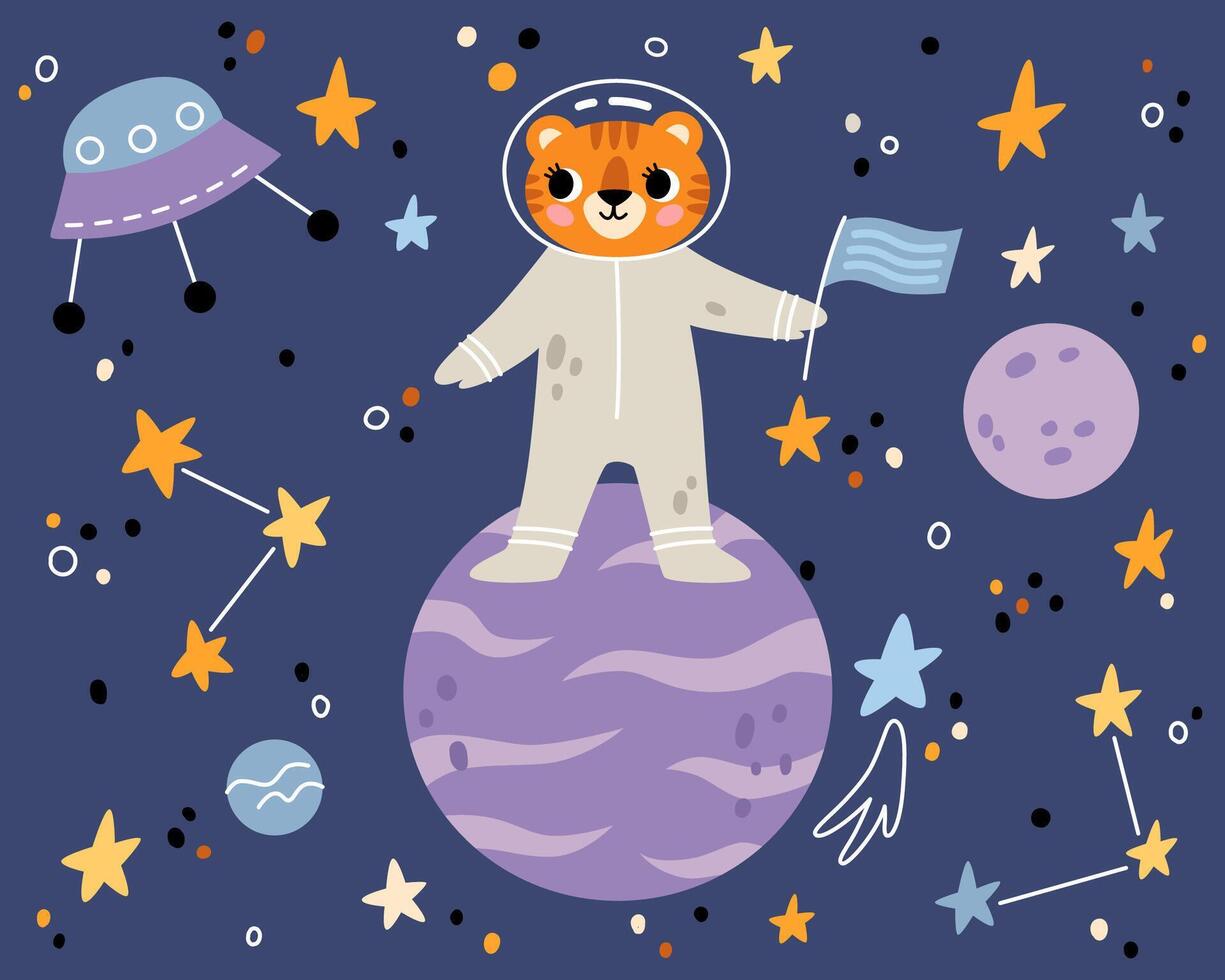 tigre nel Aperto spazio. carino animale astronauta nel spazio abiti. personaggio esplorando universo galassia con pianeti, stelle, navicella spaziale per bambini Stampa. design nel scandinavo stile. vettore