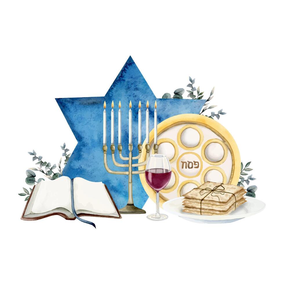 Pasqua ebraica seder saluto bandiera con piatto, menorah, rosso vino bicchiere, matzah, haggadah libro e eucalipto vettore
