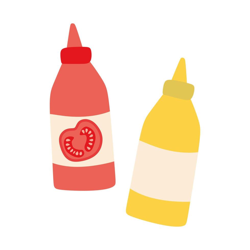 bottiglie di ketchup e mostarda isolato su bianca sfondo. illustrazione di salse per barbecue, picnic, veloce cibo. giallo dijon e pomodoro tuffo per cucinando design elemento per etichetta, menù, carta vettore