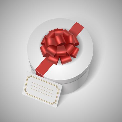 Confezione regalo classica con nastro rosso, fiocco e etichetta vuota vettore