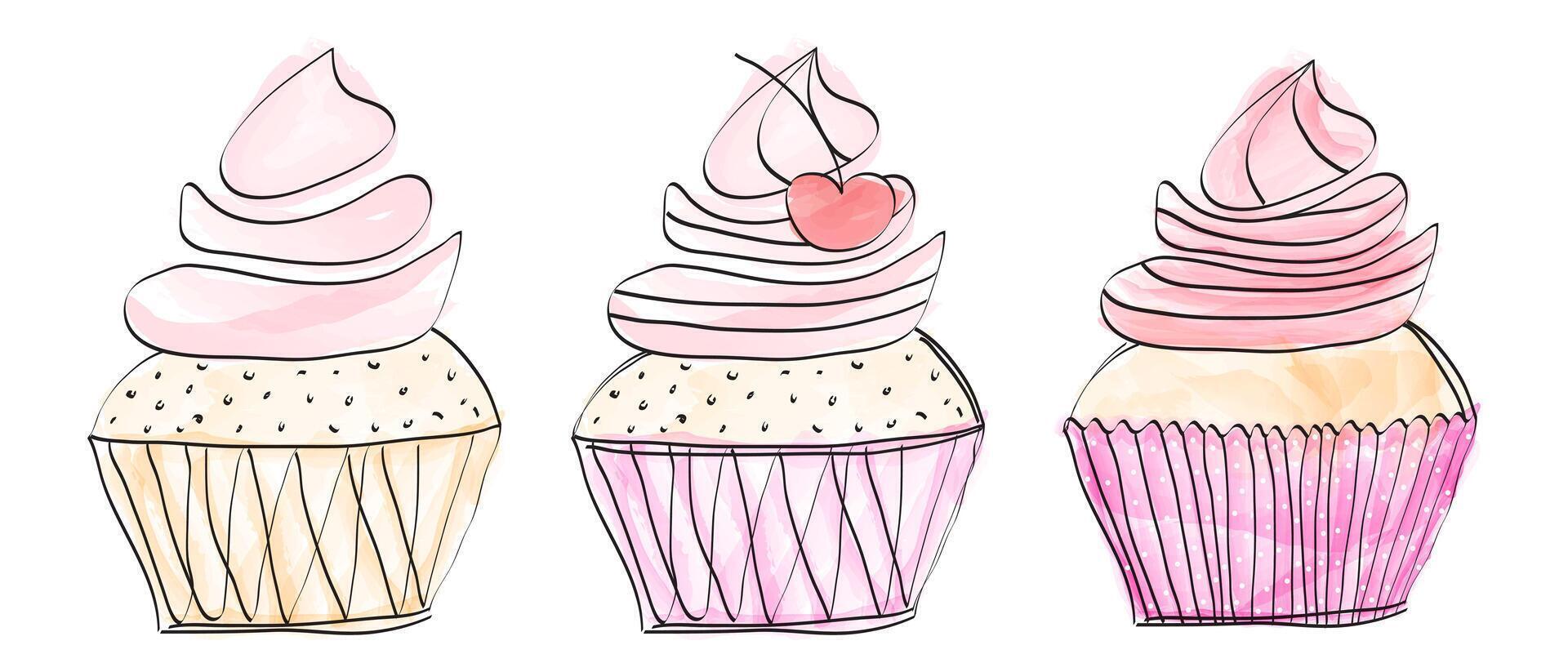 bellissimo cupcakes impostato o focaccina collezione nel mano disegnato scarabocchio stile su bianca sfondo vettore