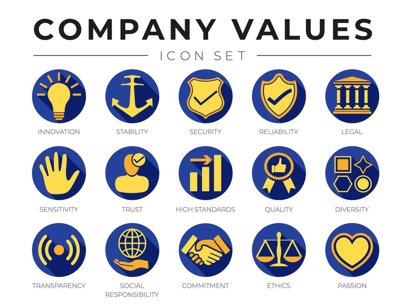 piatto colore azienda nucleo valori icona impostare. innovazione, stabilità, sicurezza, sensibilità, fiducia, alto standard, qualità, diversità, trasparenza, sociale responsabilità, impegno, etica, passione icone. vettore