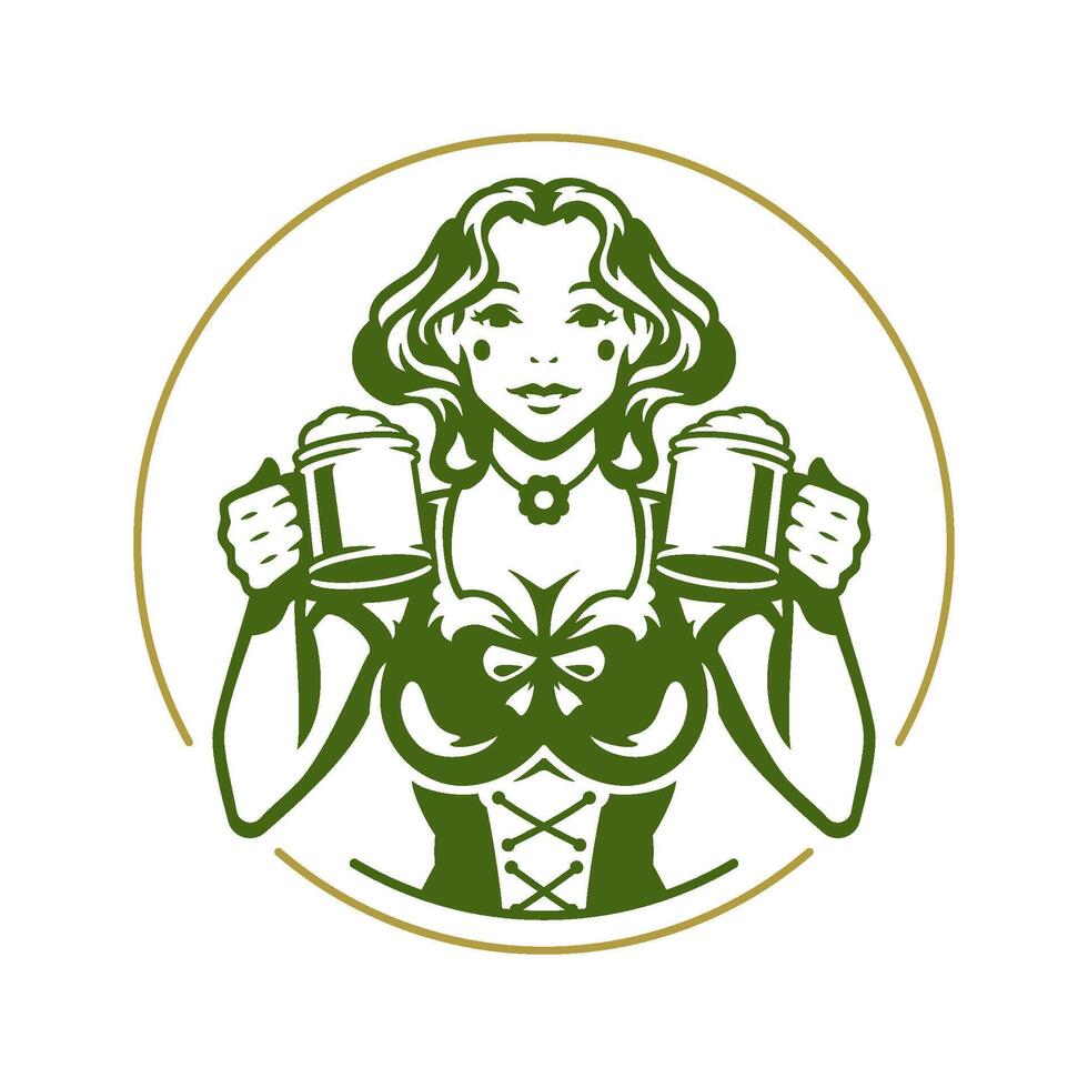 st Patrick giorno irlandesi pub bar donna con birra boccale Saluti festa il giro telaio Vintage ▾ icona vettore piatto